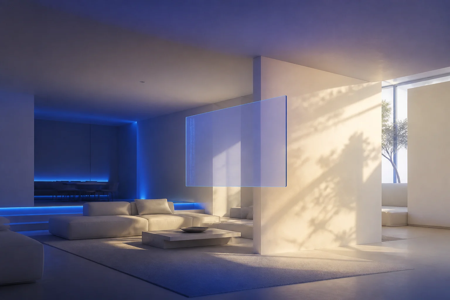 Hasil kerja Sora dalam interior rumah bercahaya biru